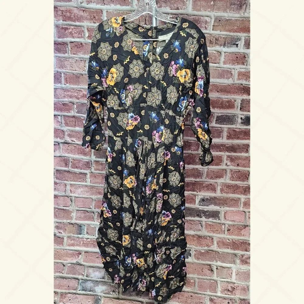Vintage Maggie Lawrence Floral Midi Dress – Women’s Size 12 Boho Black Rayon‎